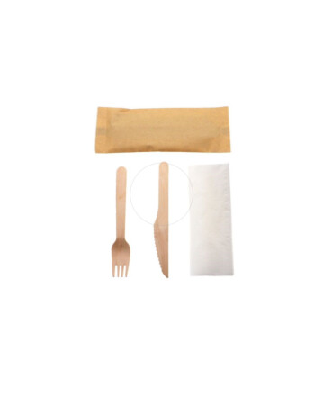Κουβέρ πιρούνι, μαχαίρι, χαρτοπετσέτα ξύλινο 16cm σε χάρτινο περιτύλιγμα