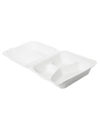 Biopak Clamshell σκεύος φαγητού 3 θέσεων 325/70/60ml bagasse ορθογώνιο με καπάκι λευκό 50τεμ