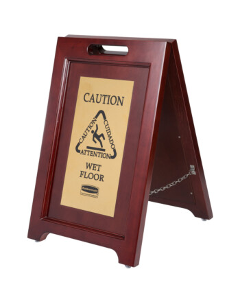Rubbermaid® ξύλινη πινακίδα με χρυσή προειδοποιητική σήμανση σε ξύλινο πλαίσιο σε 3 γλώσσες