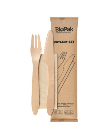 Biopak κουβέρ πιρούνι, μαχαίρι ξύλινο waxed 19cm, χαρτοπετσέτα σε χάρτινη συσκευασία 400τεμ