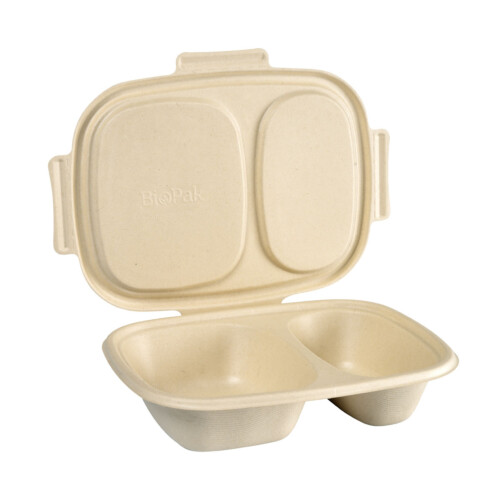 Biopak ecoecho® Clamshell σκεύος φαγητού 2 θέσεων ορθογώνιο 600/300ml bagasse με καπάκι 42,6x30,4x15,8cm 50τεμ