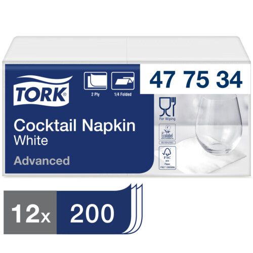 Tork® χαρτοπετσέτα λευκή 2φυλλη 1/4 24x24cm πολυτελείας 200τεμ