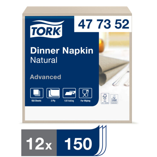 Tork® Natural χαρτοπετσέτα μπεζ 2φυλλη 1/8 39x39cm πολυτελείας 150τεμ