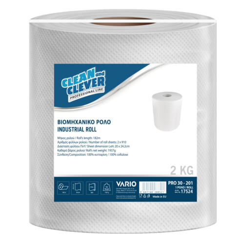 Clean&Clever βιομηχανικό ρολό λευκό 2φυλλο 182m 2kg