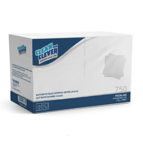 Clean&Clever Pro 30-205 Χαρτοπετσέτα μαλακή (εστιατορίου) λευκή 1φυλλη 1/4 23x24cm 750τεμ