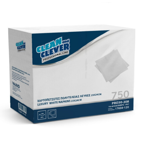 Clean&Clever Pro 30-208 Χαρτοπετσέτα πολυτελείας (εστιατορίου) 1φυλλη 1/4 23x24cm λευκή 750τεμ