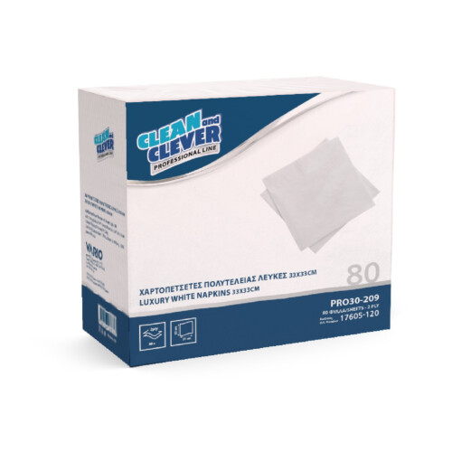 Clean&Clever Pro 30-209 Χαρτοπετσέτα πολυτελείας 2φυλλη 1/4 33x33cm λευκή 80τεμ