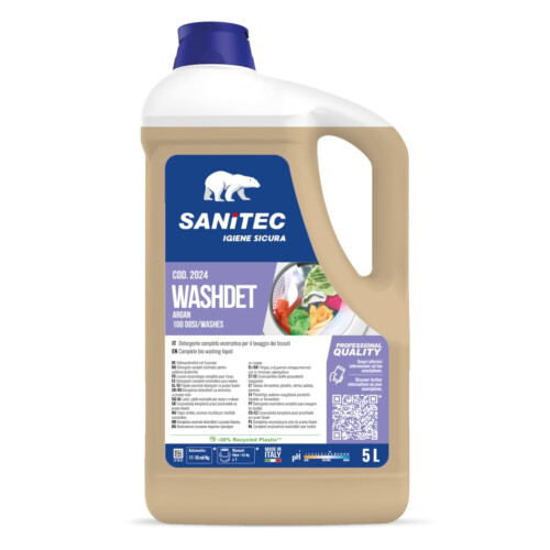 Sanitec Washdet πλήρες ενζυματικό απορρυπαντικό πλυντηρίου ρούχων με άρωμα Argan 5L/ 5,1 Kg