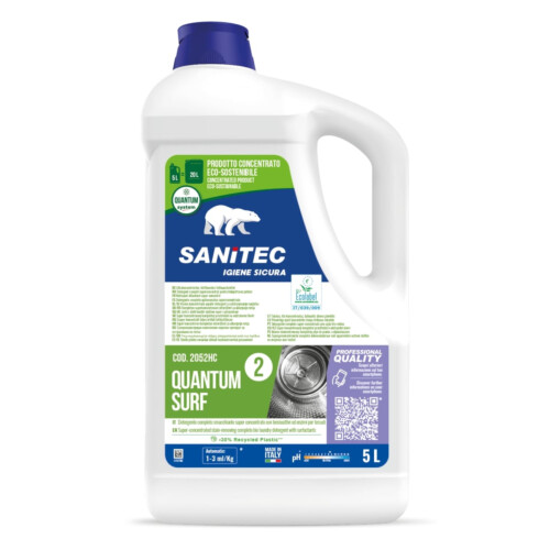 Sanitec Quantum surf υπερσυμπυκνωμένο απορρυπαντικό πλυντηρίων ρούχων με ένζυμα και οπτικά λαμπρυντικά 5L / 5,2Kg