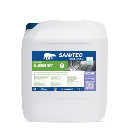 Sanitec Quantum surf υπερσυμπυκνωμένο απορρυπαντικό πλυντηρίων ρούχων με ένζυμα και οπτικά λαμπρυντικά 15L / 15,6Kg 