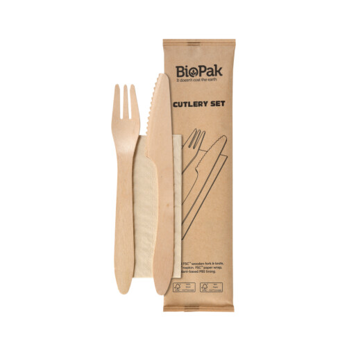 Biopak κουβέρ πιρούνι, μαχαίρι ξύλινο waxed 19cm, χαρτοπετσέτα σε χάρτινη συσκευασία 400τεμ