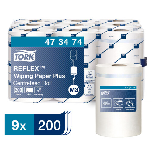 Tork® Reflex™ Wiping Paper Plus Mini ρολό centerfeed λευκό 2φυλλο 67m